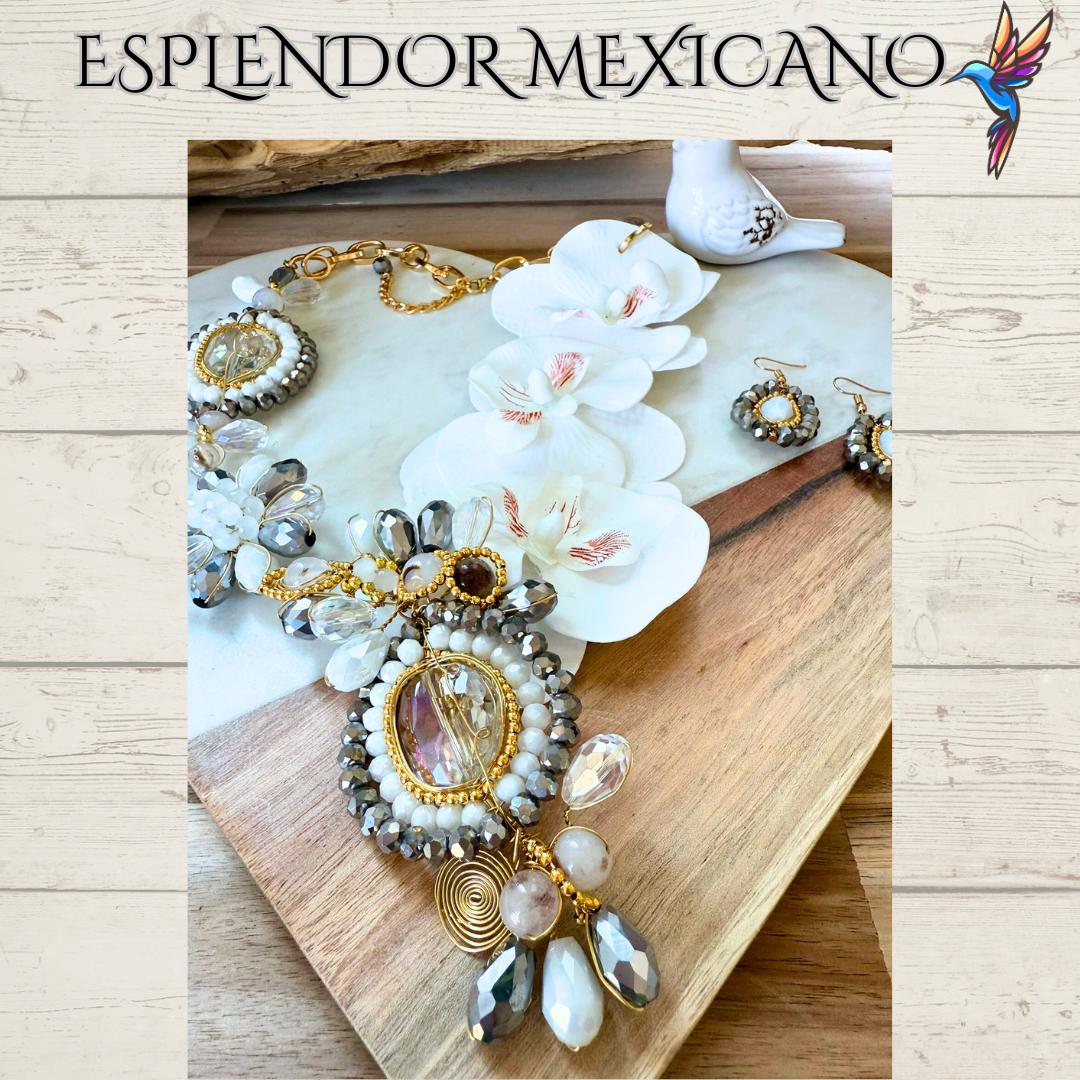 🌸 White Orchid Statement Necklace Set – Handmade in Mexico