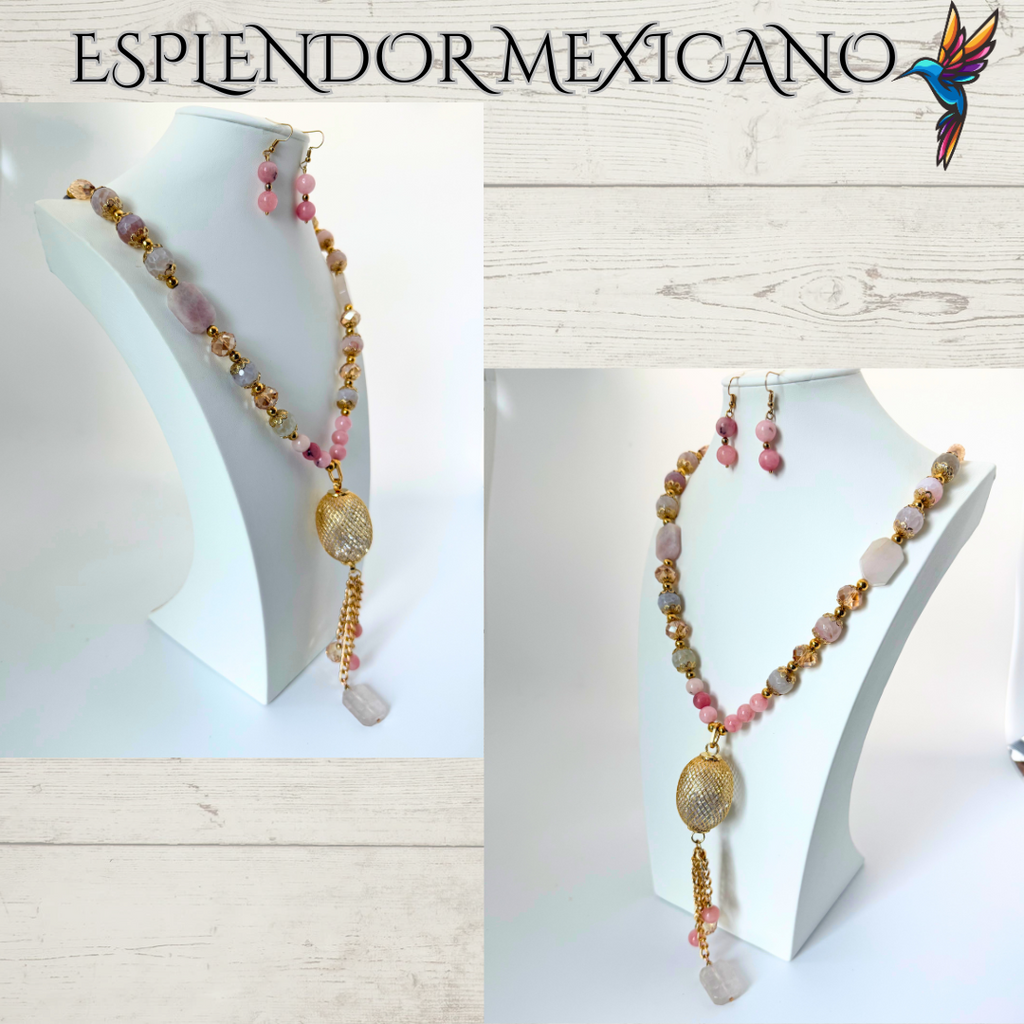 Mexican handmade Rose Pink Quartz Necklace Set/Natural Stone Healing Crystal Spiritual Protection Gift/Glass Charm Pendant/ Stone Necklace