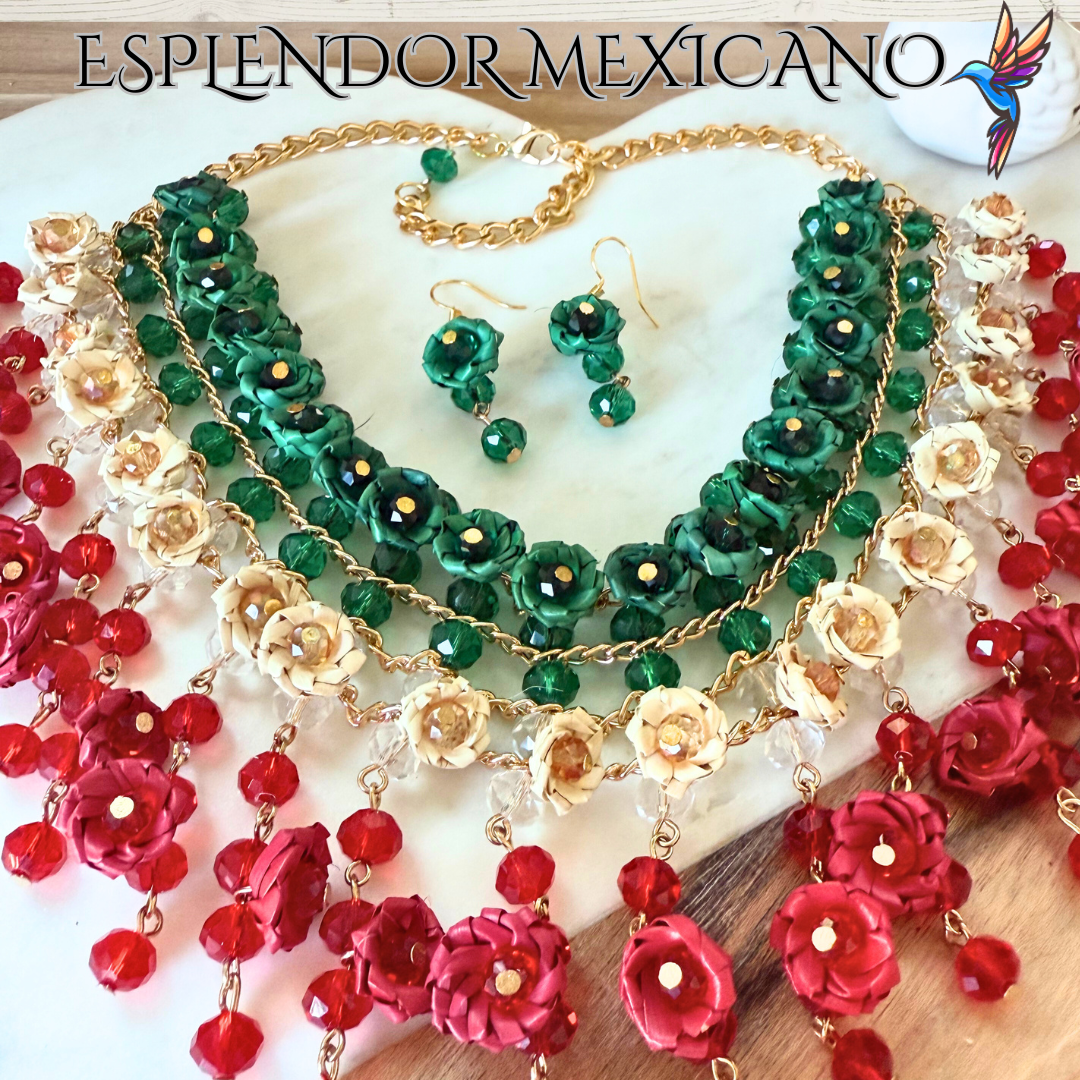 💚🤍❤️ Natural Palm Statement Necklace Set – Handmade & Glass Beads