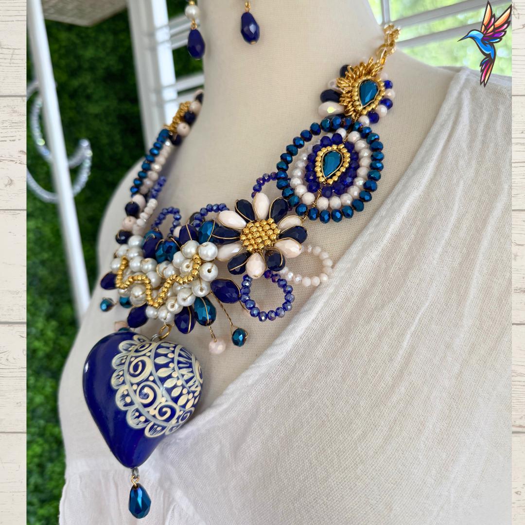 Mexican handmade Beaded Necklace Set with Hand Painted Ceramic Heart