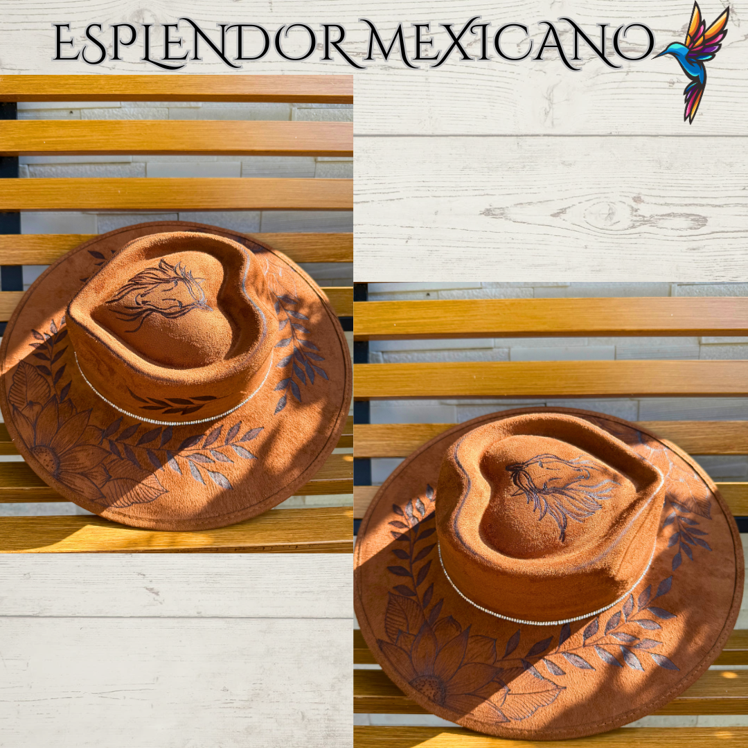 🤎 Hand-Burned Cowgirl Hat – Horse & Floral Design