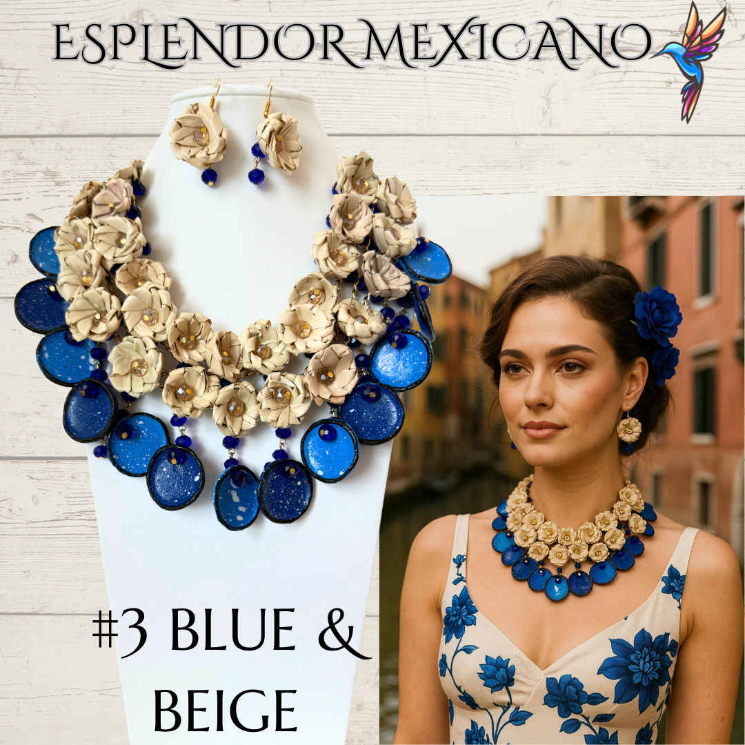 🌸 Fiesta Dreams Statement Necklace Set – Hand-Painted Talavera & Palm