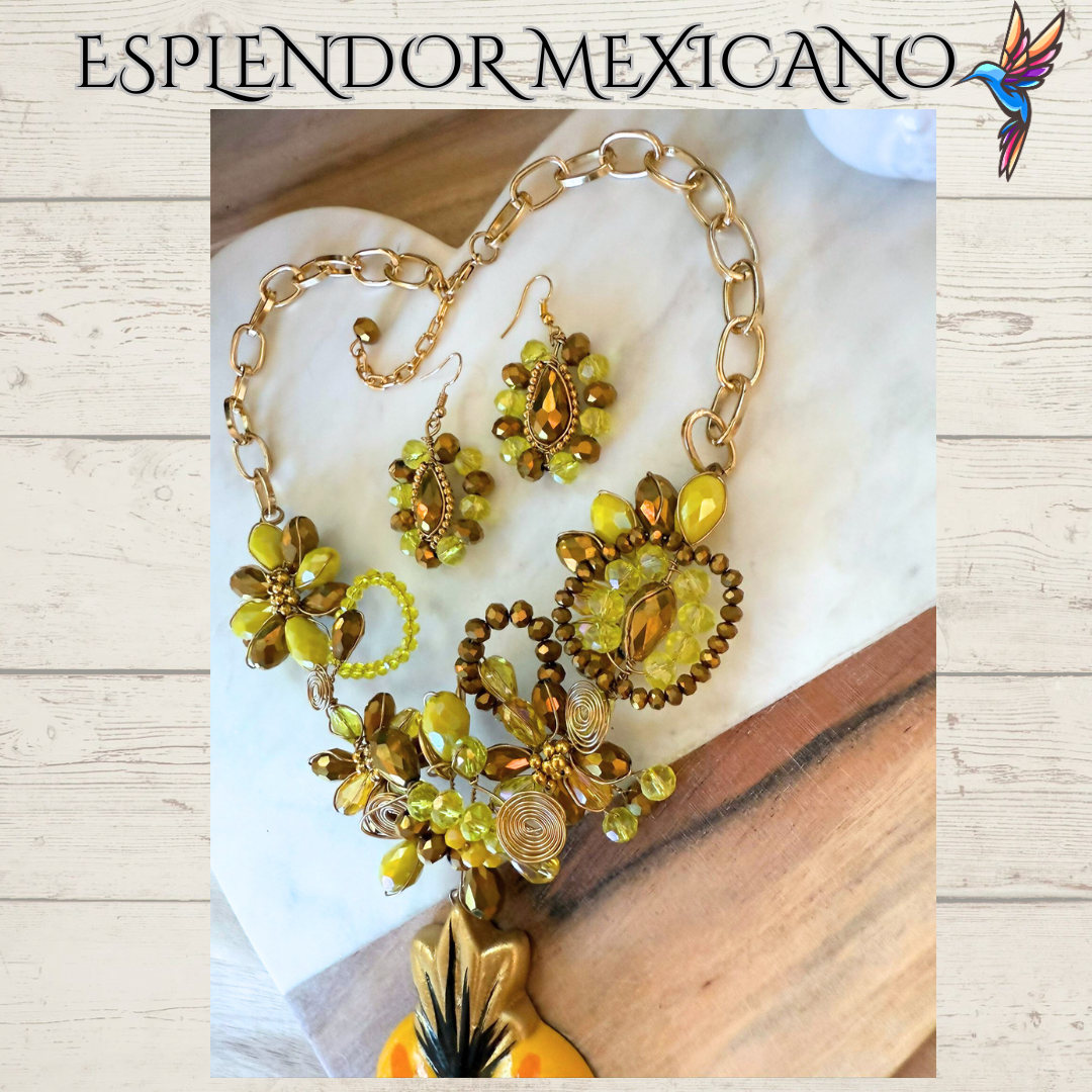 🧡💛 Floral Heart Necklace Set – Hand-Painted Ceramic & Beads | Handmade in Mexico