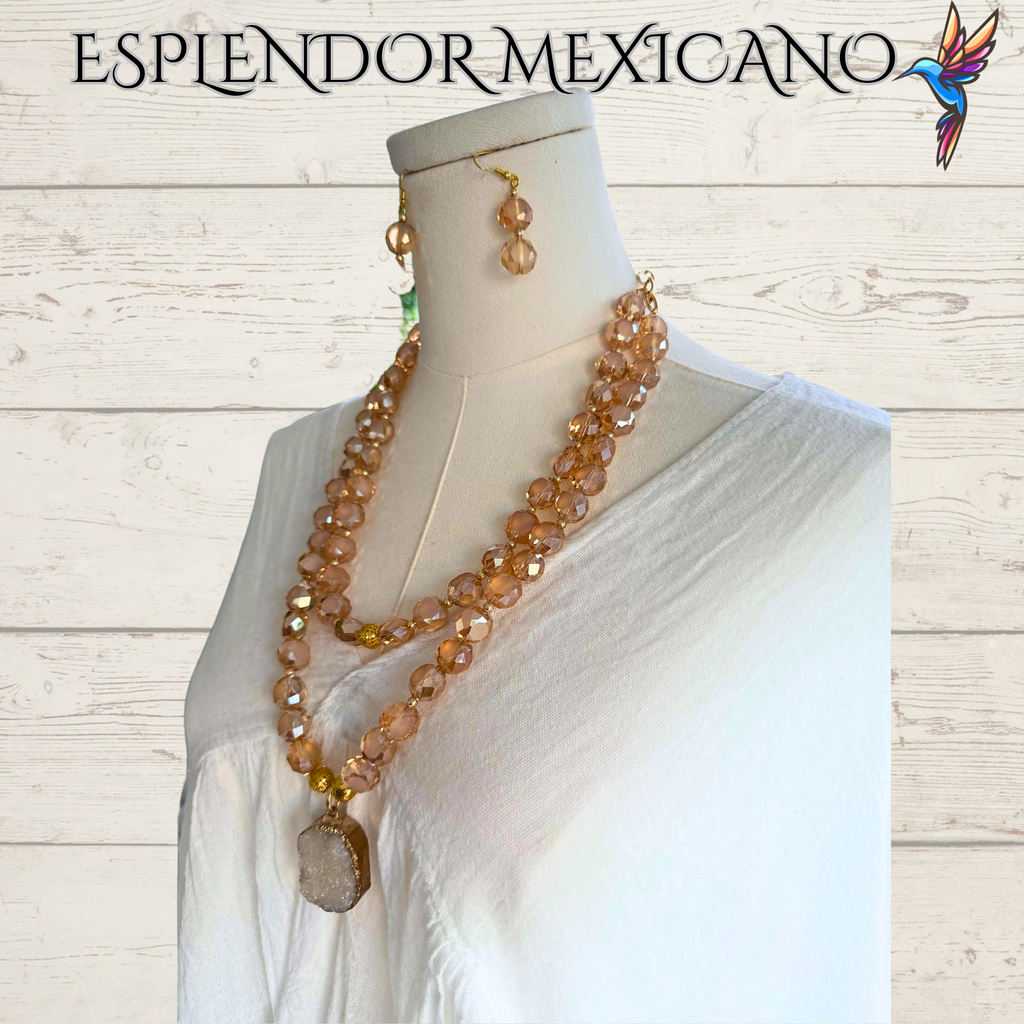 Beaded Golden Honey Faceted Cut Glass with Natural Stone pendant Necklace