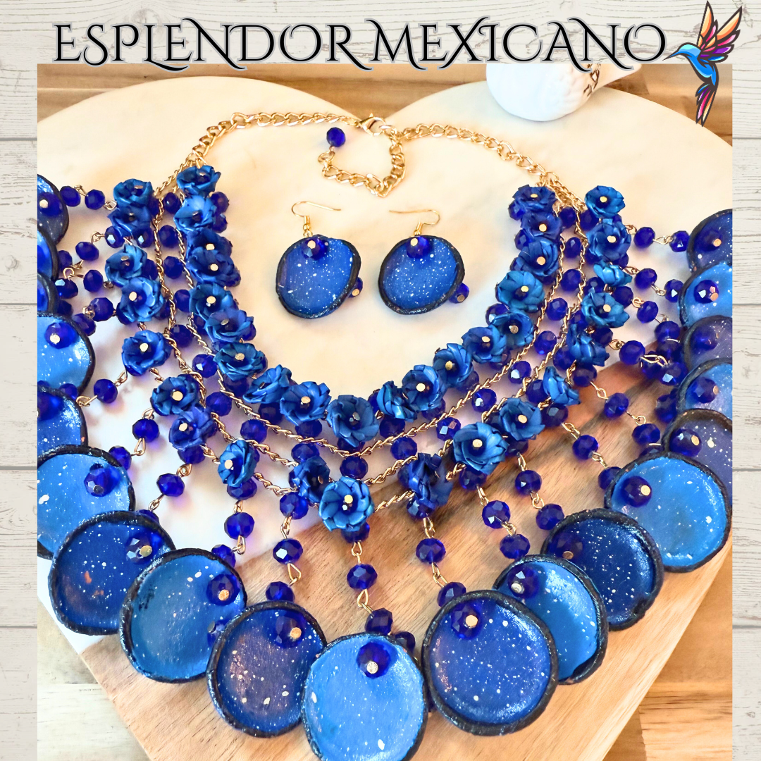 💙 Fiesta Dreams Statement Necklace Set – Talavera Clay, Palm & Glass Beads