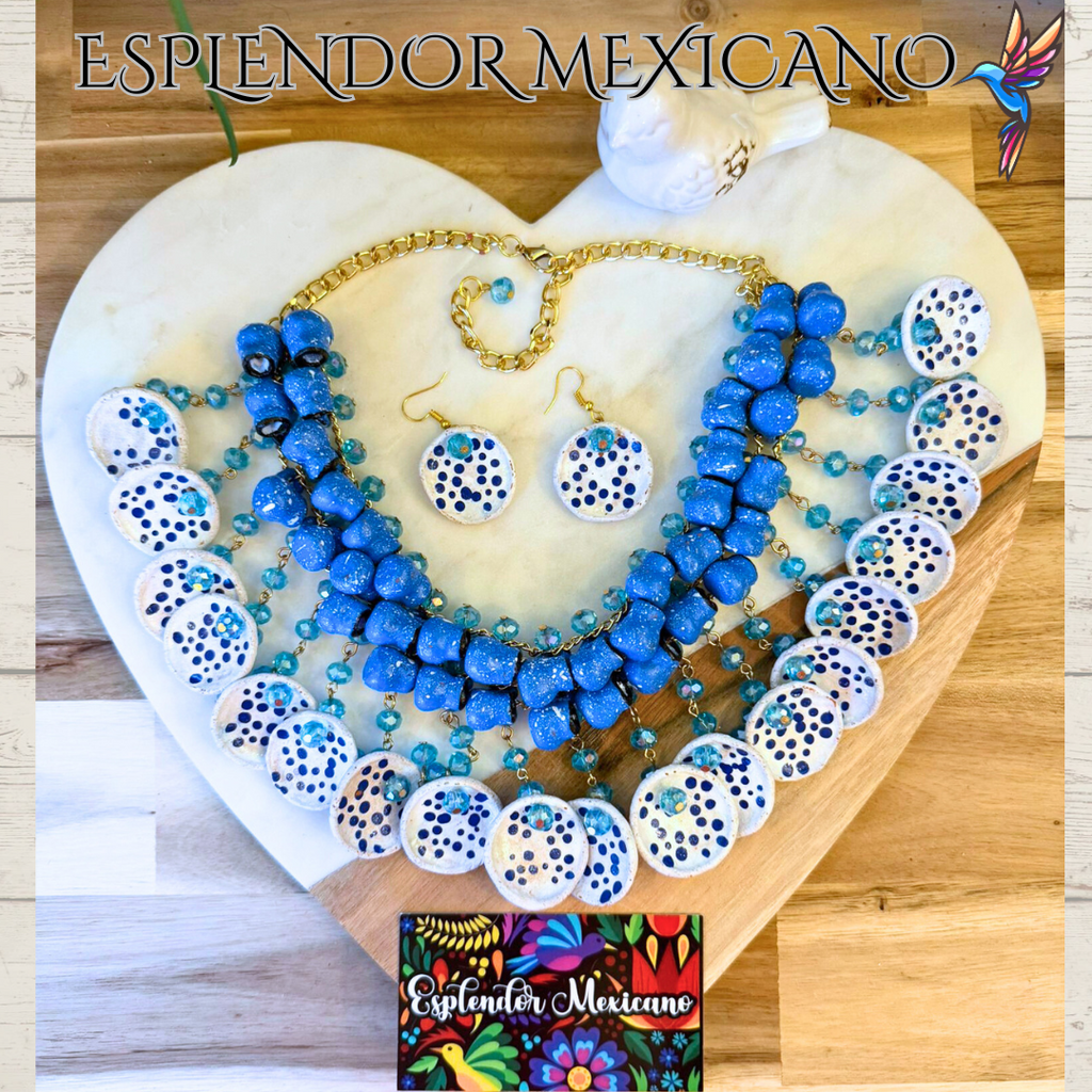 💙🩵 Fiesta Dreams Statement Necklace Set – Talavera Clay Jarritos, Platitos & Glass Beads