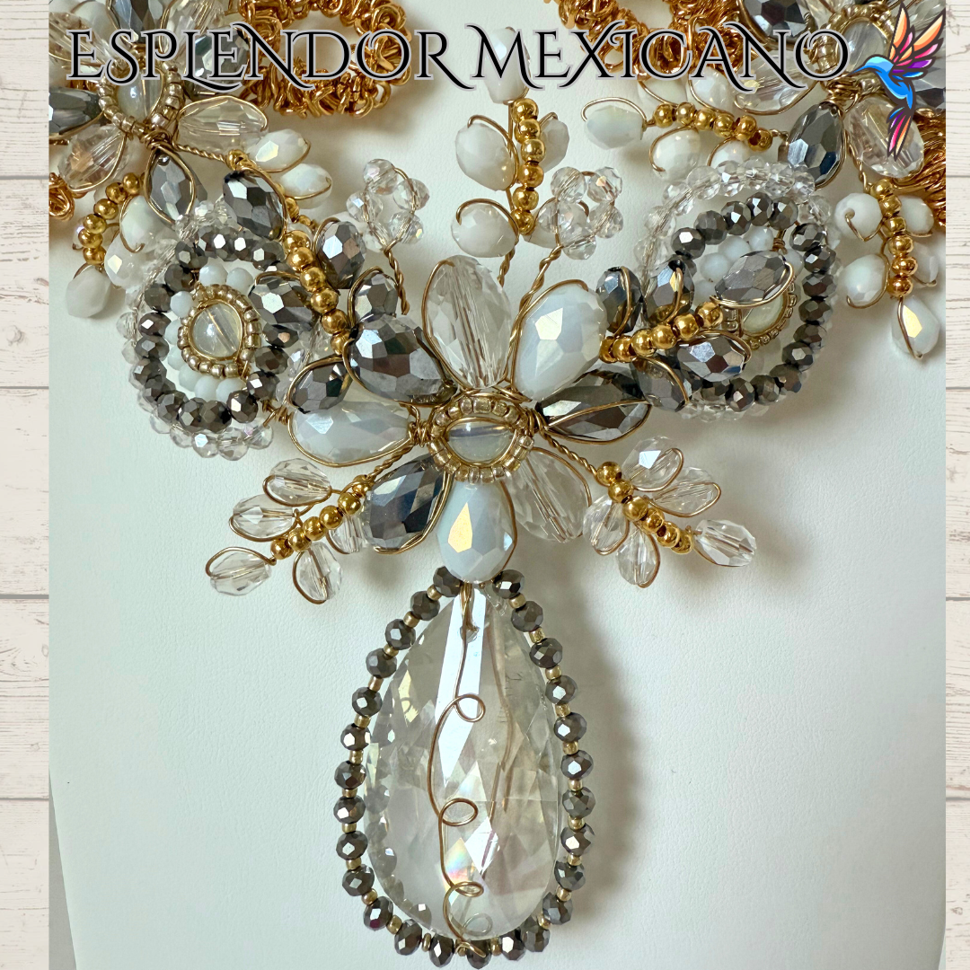 🤍✨ White & Gold Tear Drop Beaded Necklace Set – Handmade in Mexico