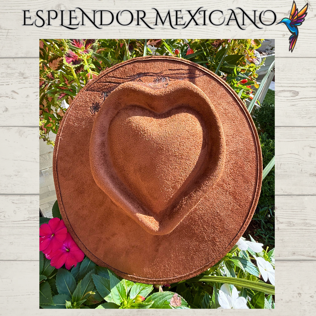 🤎 Hand-Burned Horse & Mountain Cowgirl Hat – Suede Heart Shape