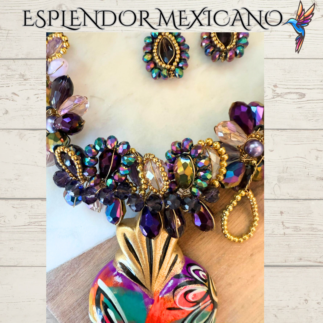 💜💛 Floral Heart Necklace Set – Hand-Painted Ceramic & Beads | Handmade in Mexico