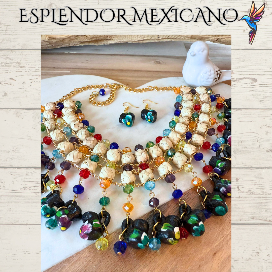 🌈 Colorful Jarritos Statement Necklace Set – Palm, Talavera Clay & Beads