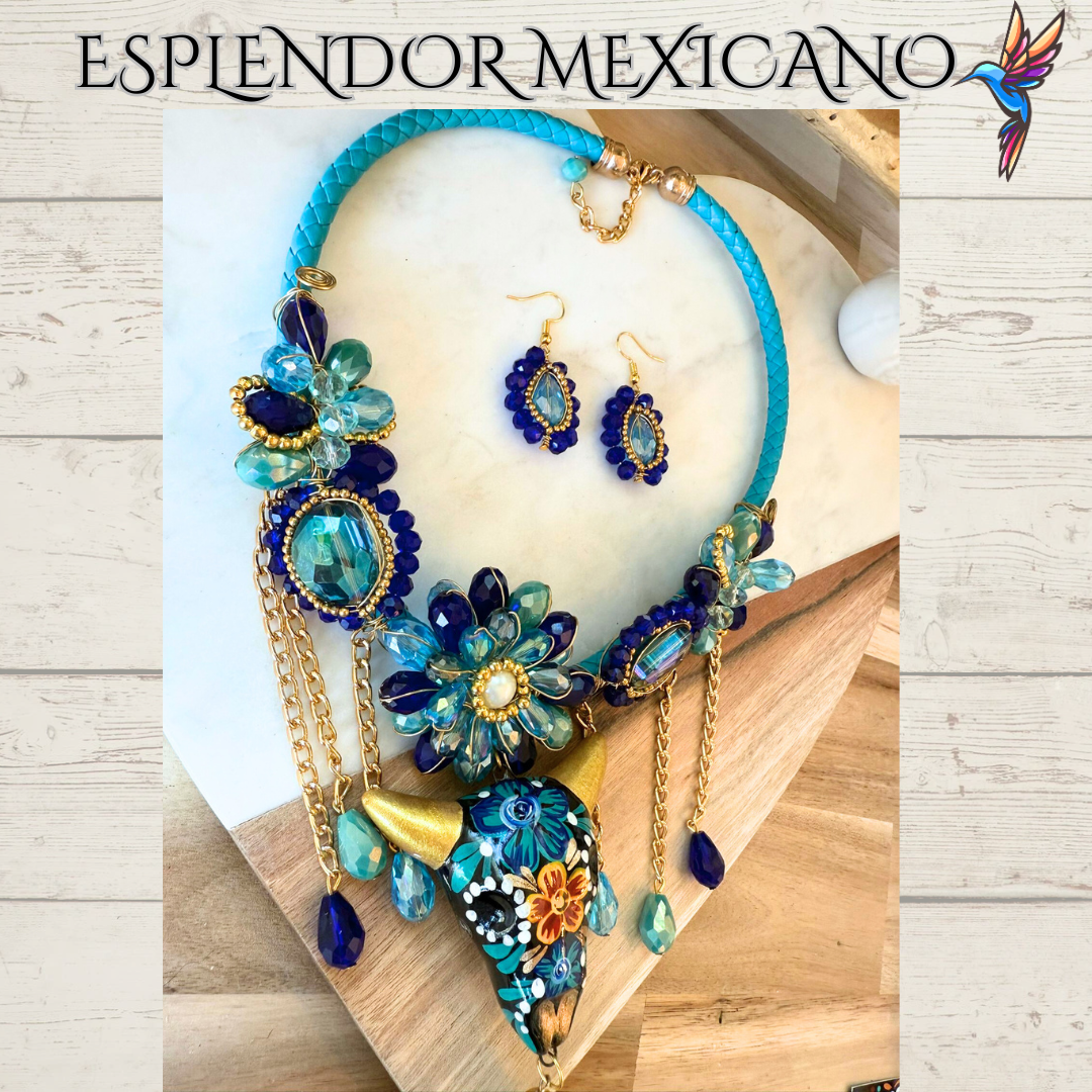 💙🩵💚 Teal & Blue Skull Necklace Set – Handmade in Mexico