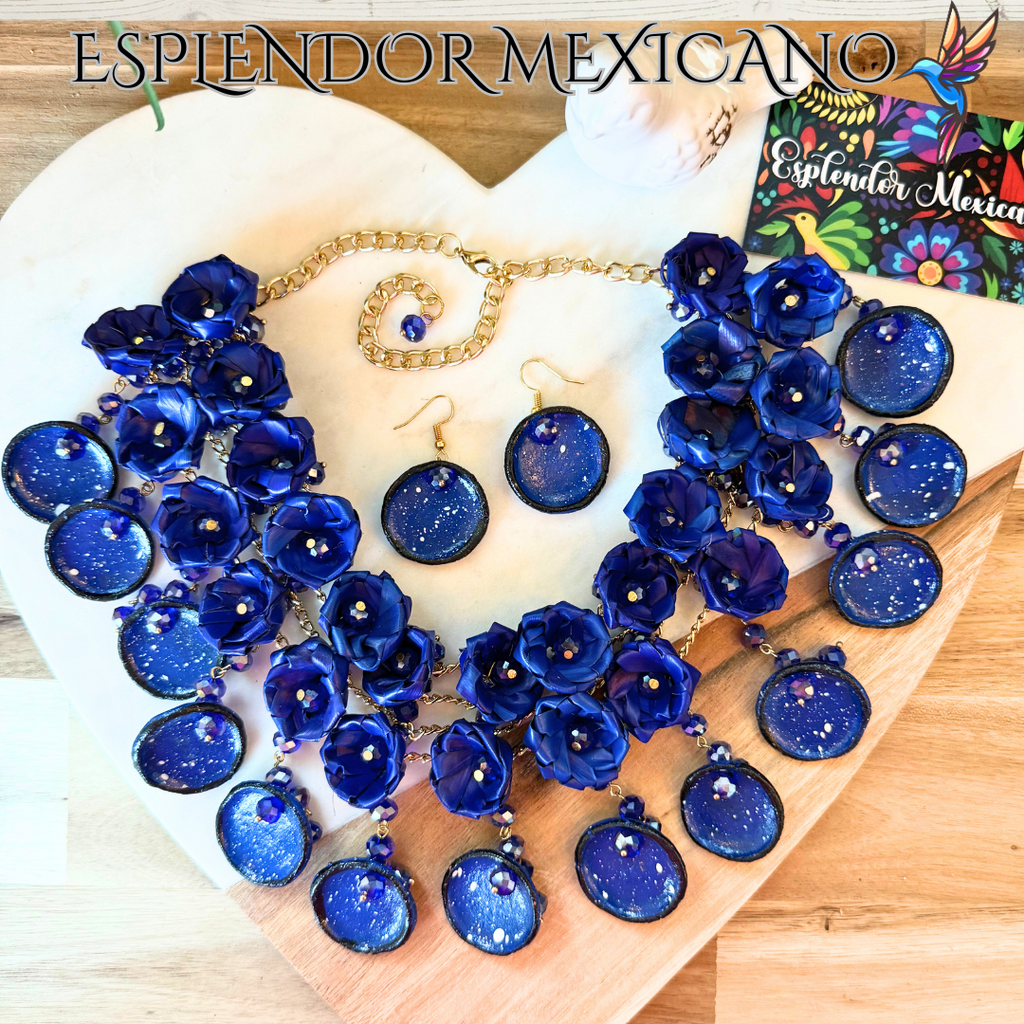 💎💙 Bold Blue Heritage Necklace Set – Mexican Talavera & Palm Craft