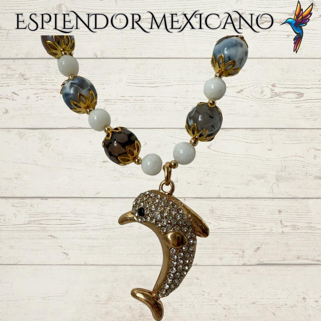 Mexican handmade White Agate Dolphin Necklace /Natural Stone Healing Crystal Spiritual Protection Gift  /Beaded Stone Necklace/Dolphin lover