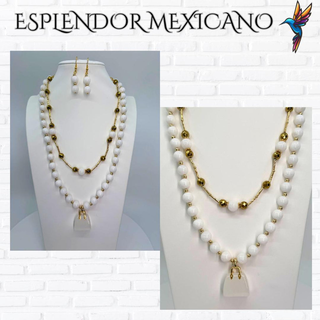 Mexican handmade White Jade Necklace Set/Natural Stone Healing Crystal Spiritual Protection Gift/ Beaded Stone Necklace/Health benefit stone