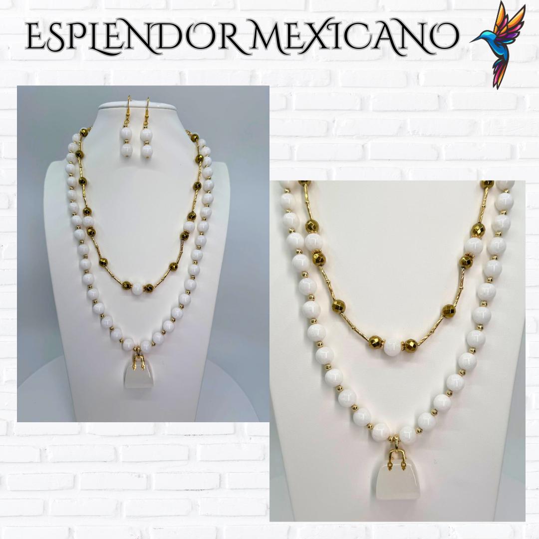 Mexican handmade White Jade Necklace Set/Natural Stone Healing Crystal Spiritual Protection Gift/ Beaded Stone Necklace/Health benefit stone