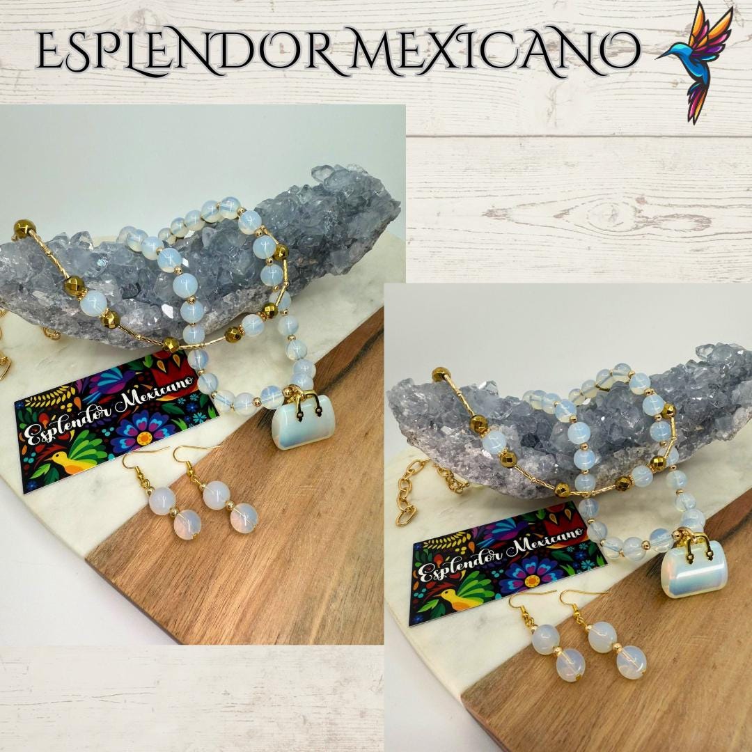 Mexican handmade Moonstone Necklace Set/Natural Stone Healing Crystal Spiritual Protection Gift/ Beaded Stone Necklace /Health benefit stone