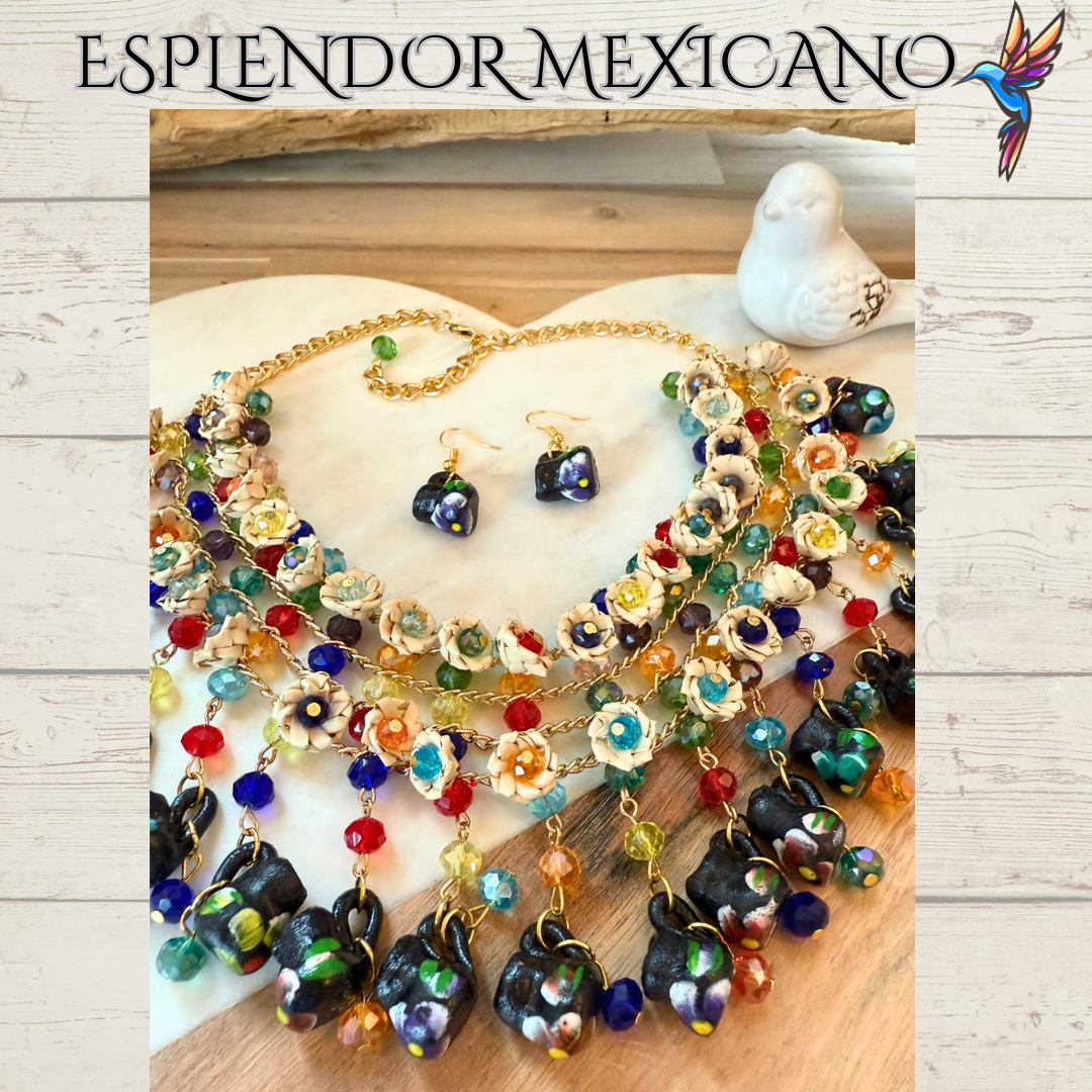 🌸 Fiesta Dreams Statement Necklace Set – Hand-Painted Jarritos, Palm & Beads