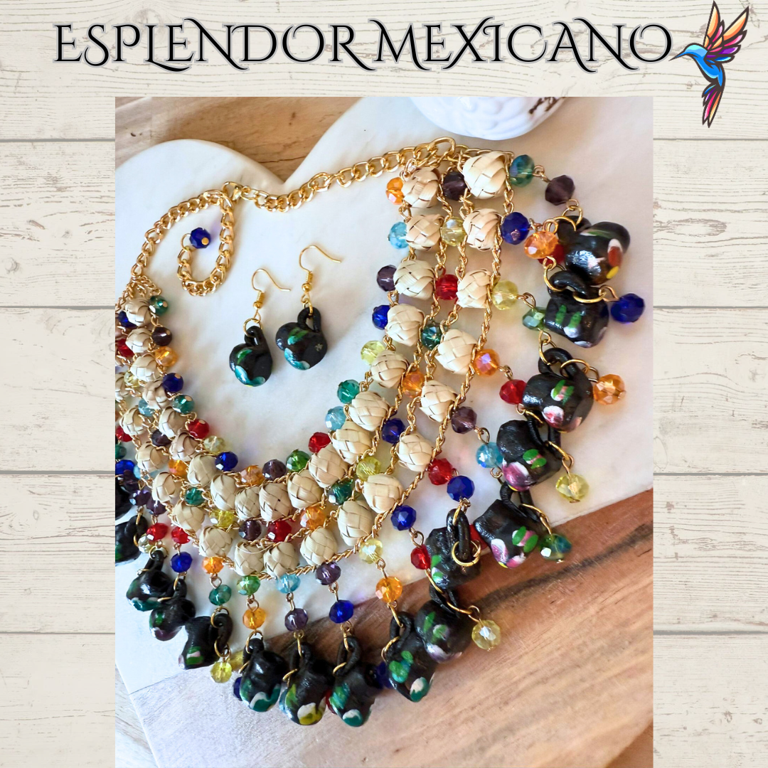 🌈 Colorful Jarritos Statement Necklace Set – Palm, Talavera Clay & Beads