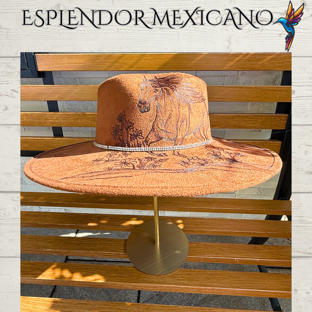 🤎 Hand-Burned Horse & Mountain Cowgirl Hat – Suede Heart Shape