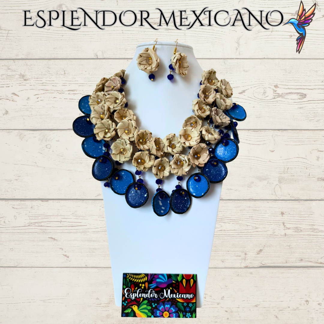 🌸 Fiesta Dreams Statement Necklace Set – Hand-Painted Talavera & Palm
