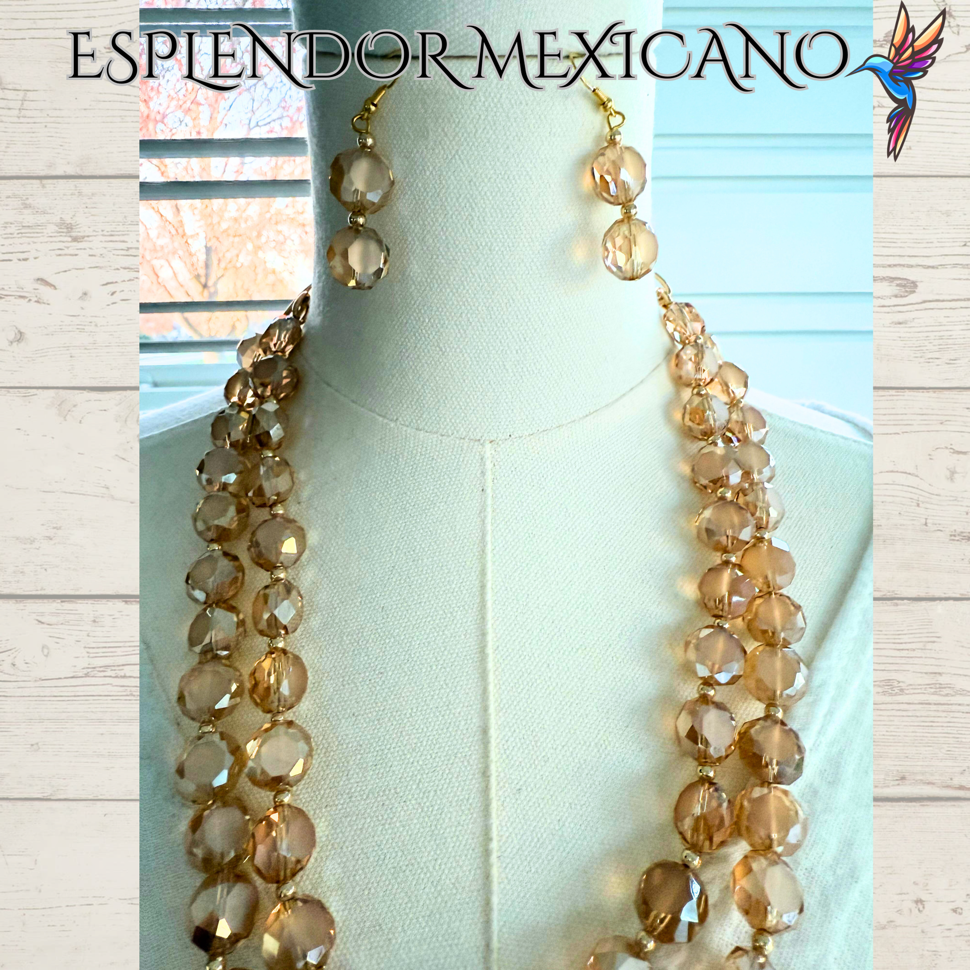 Beaded Golden Honey Faceted Cut Glass with Natural Stone pendant Necklace