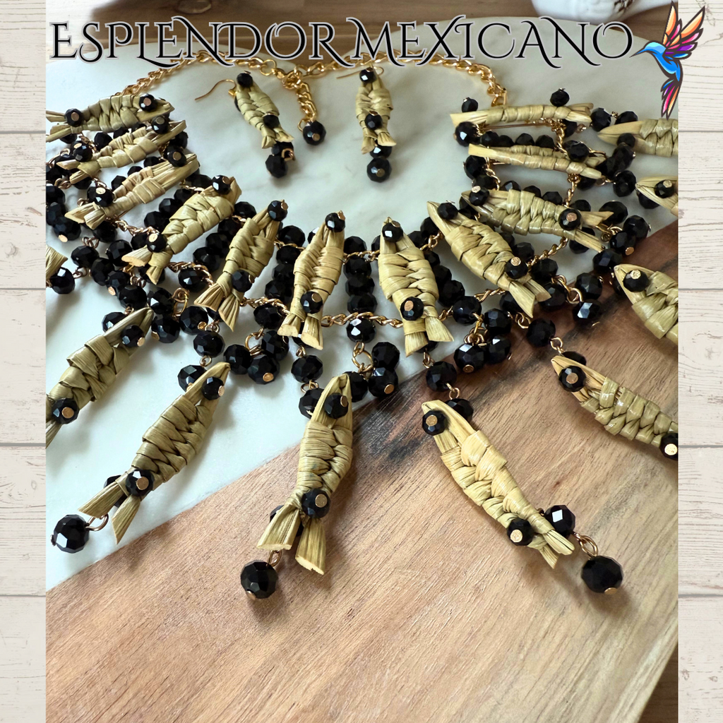 Mexican Artisanal Palm Fish Necklace Jewelry Set with Glass Beads