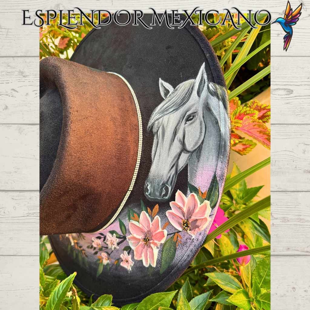 🖤 Heart-Shaped Suede Cowgirl Hat – Hand-Painted Horses & 3D Flowers