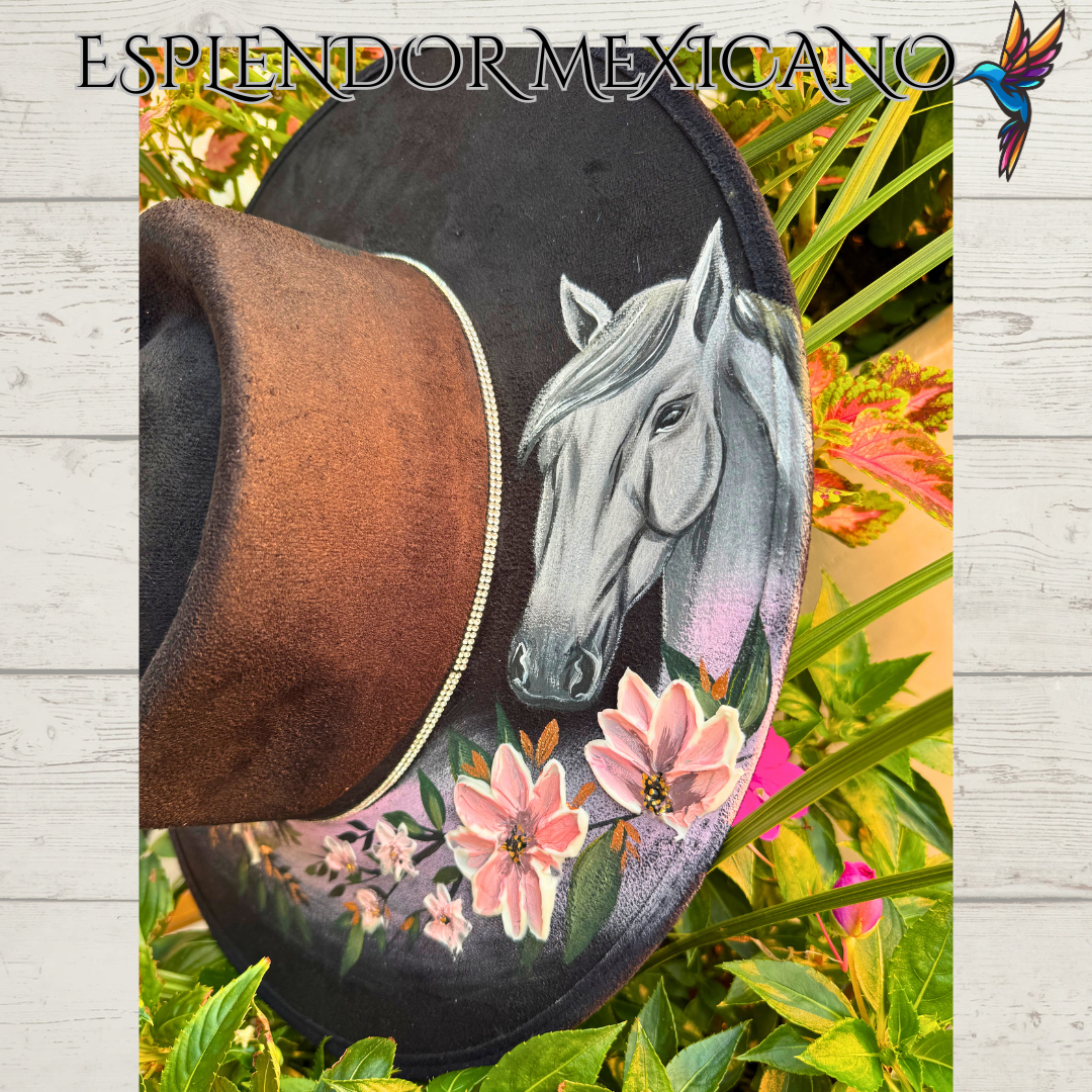 🖤 Heart-Shaped Suede Cowgirl Hat – Hand-Painted Horses & 3D Flowers