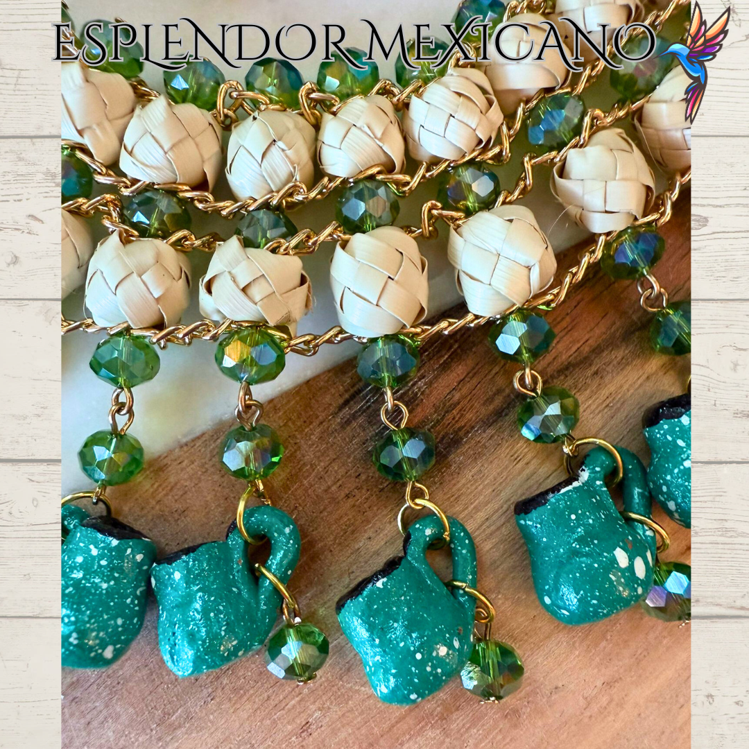 💚 Fiesta Dreams Statement Necklace Set – Talavera Clay Platitos, Palm & Beads