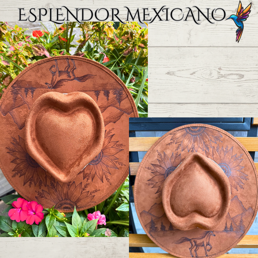 🤎 Hand-Burned Suede Cowgirl Hat – Horse, Flowers & Mountains