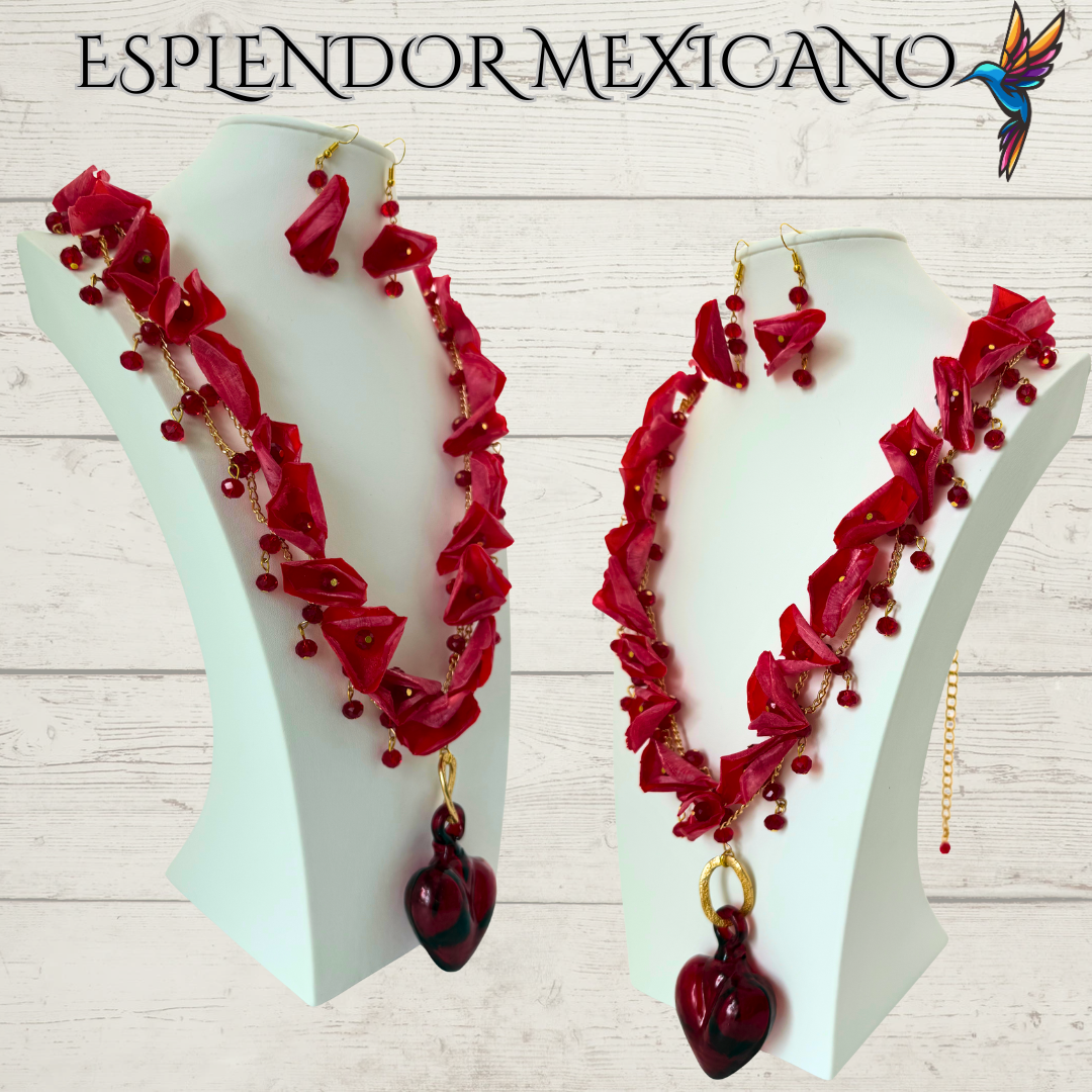 ❤️‍🔥 Handmade Fish Scale & Handblown Glass Heart Necklace Set