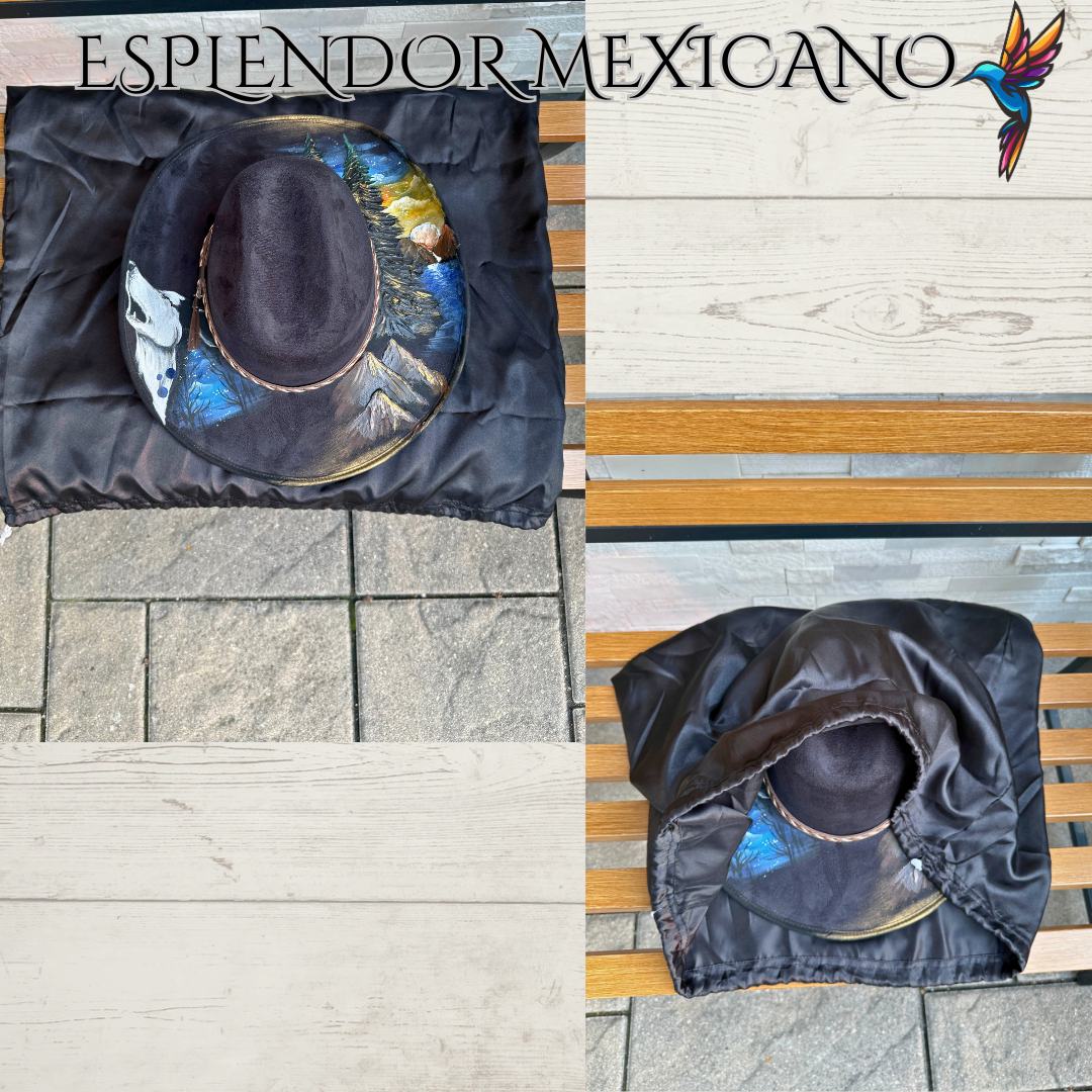 🖤 Western Suede Cowgirl Hat – Hand-Painted Wolf & Mountain Scene