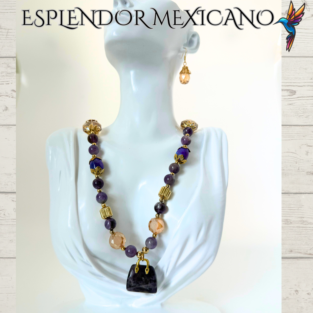 💜 Amethyst & Agate Purse Charm Necklace – Handmade in Mexico