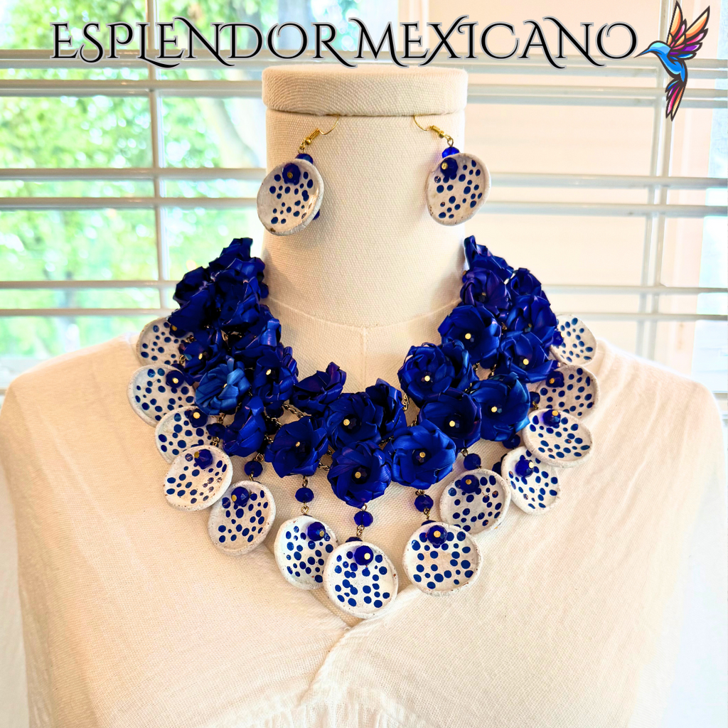 💙🤍 Fiesta Dreams Statement Necklace Set – Talavera Clay, Palm & Glass Beads