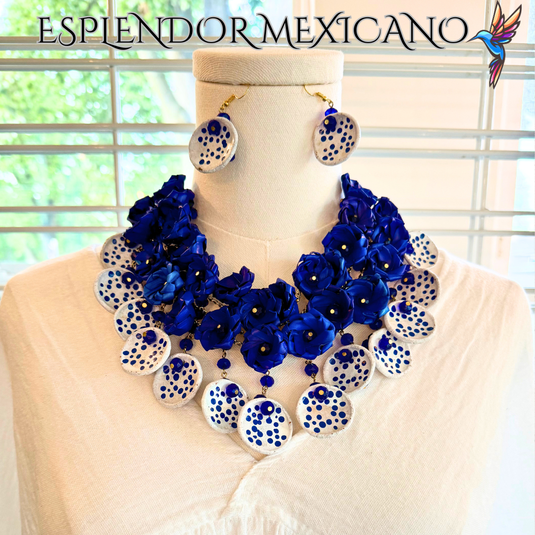 💙🤍 Fiesta Dreams Statement Necklace Set – Talavera Clay, Palm & Glass Beads