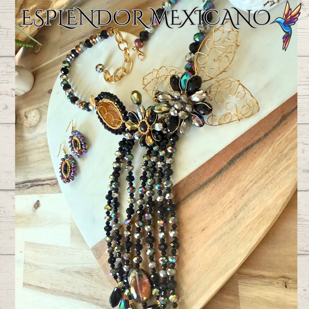 🖤💛 Handmade Floral Cascade Necklace Set
