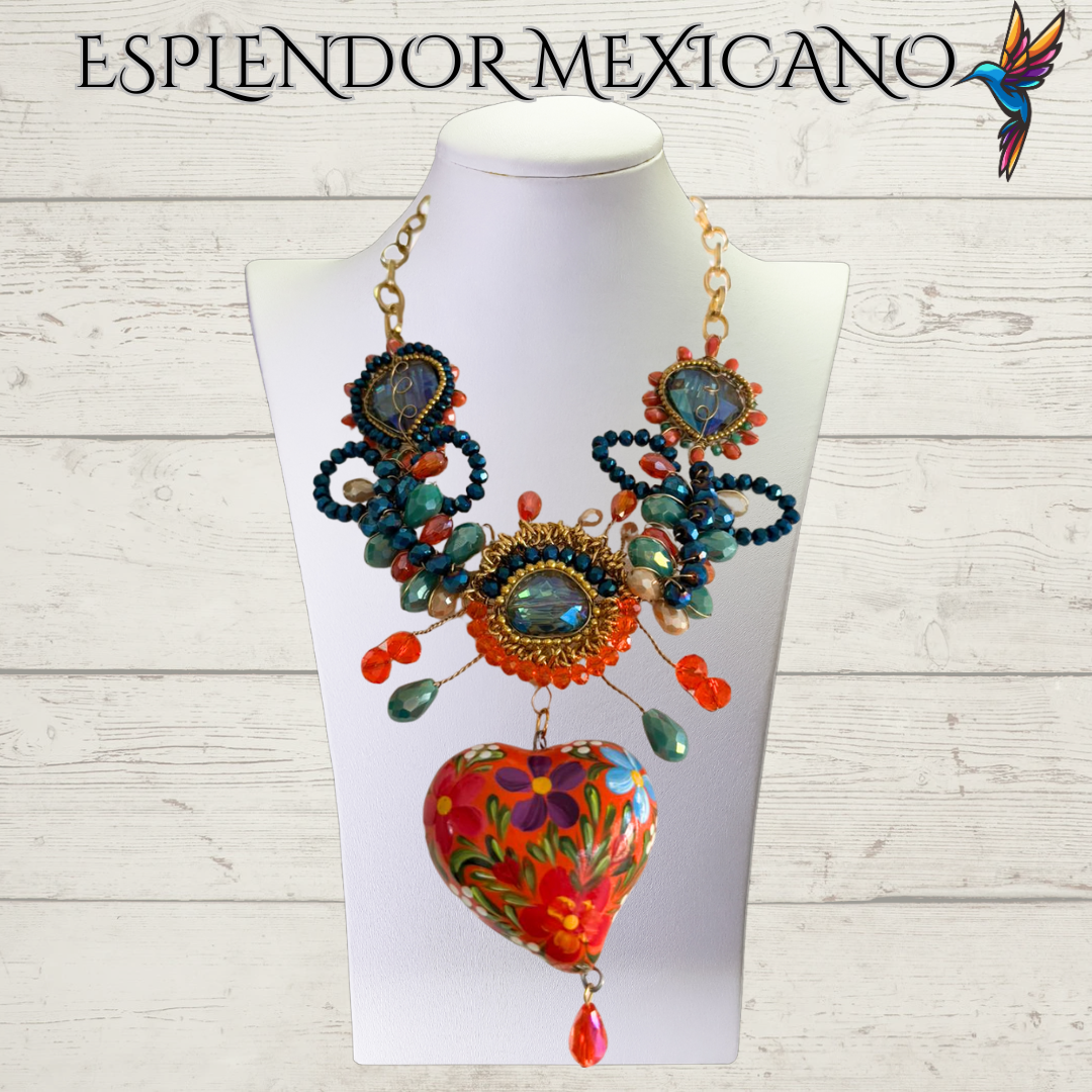 🧡💙 Floral Heart Necklace Set – Handmade in Mexico