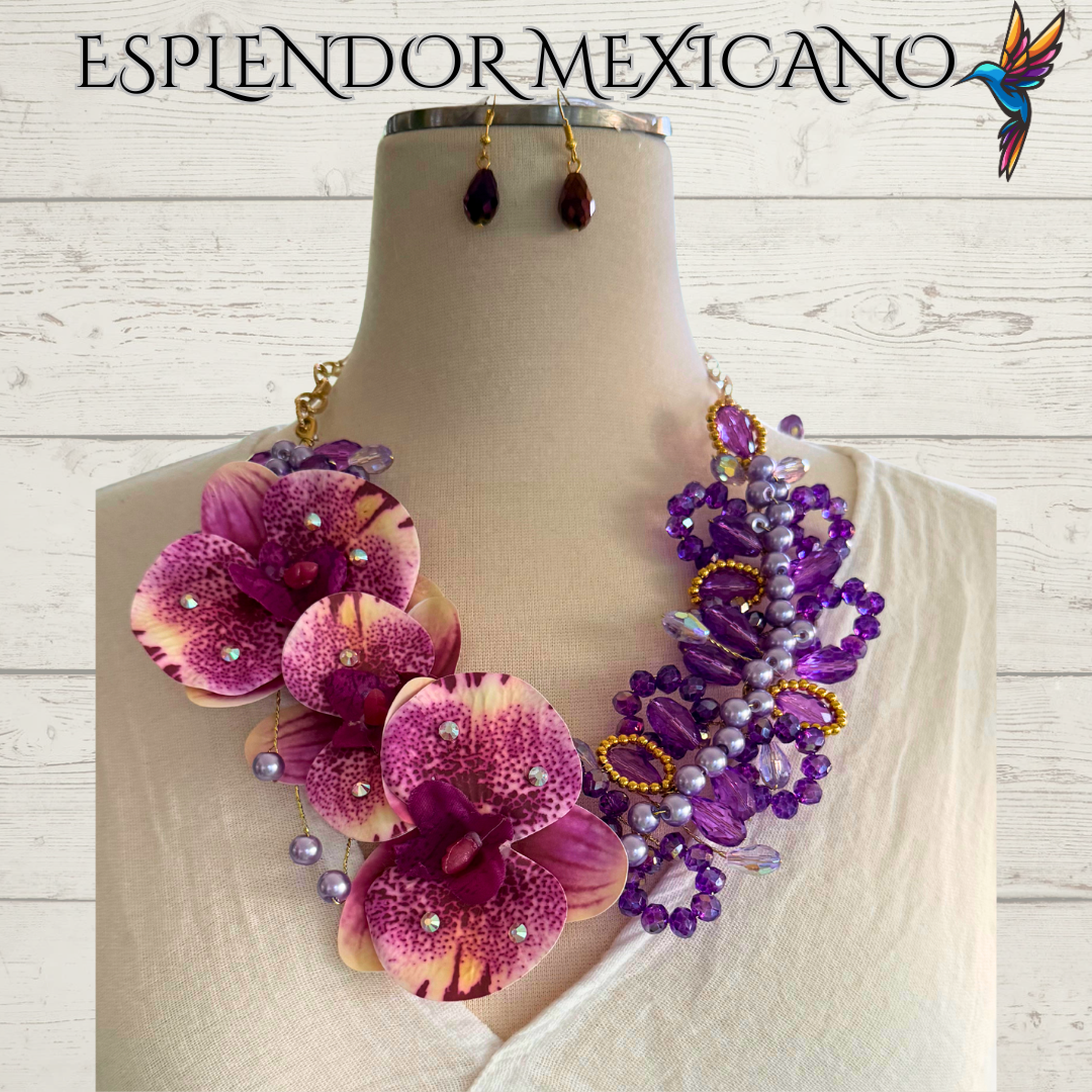 🌸 Orchid Statement Necklace Set – Handmade in Mexico