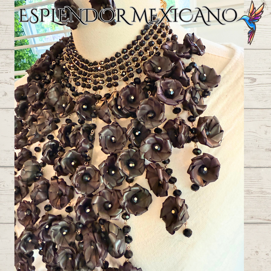 🖤 Natural Palm Statement Necklace Set – Handmade with Glass Beads