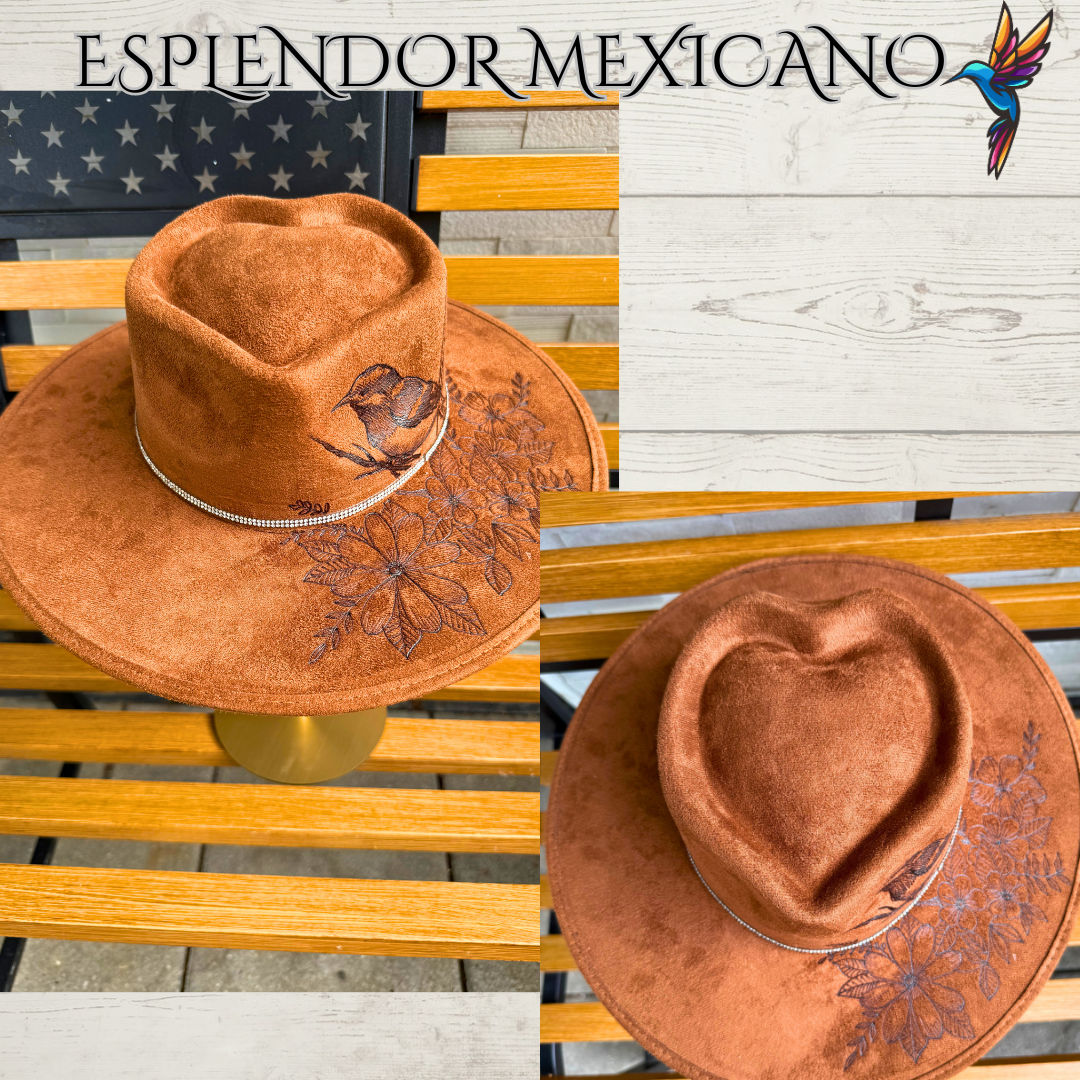 🤎 Hand-Burned Suede Cowgirl Hat – Bird & Floral Design