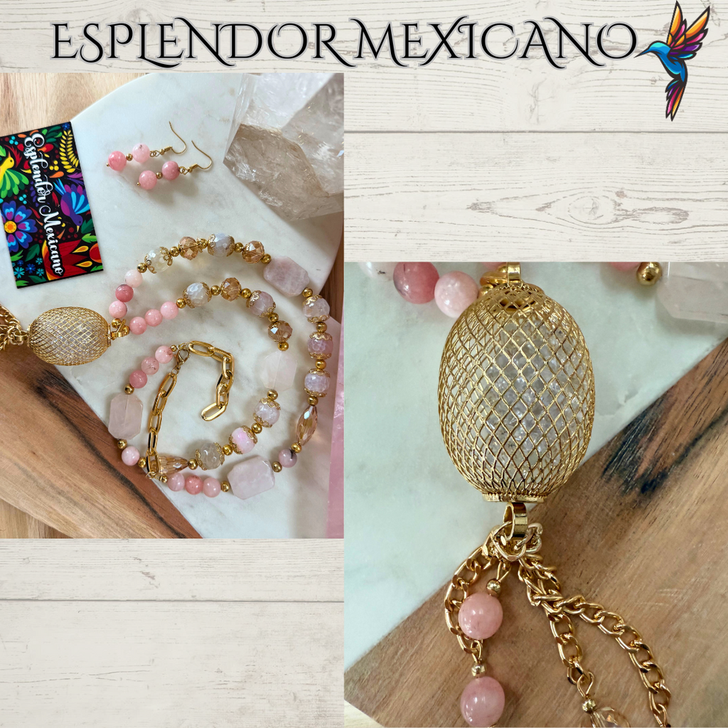 Mexican handmade Rose Pink Quartz Necklace Set/Natural Stone Healing Crystal Spiritual Protection Gift/Glass Charm Pendant/ Stone Necklace