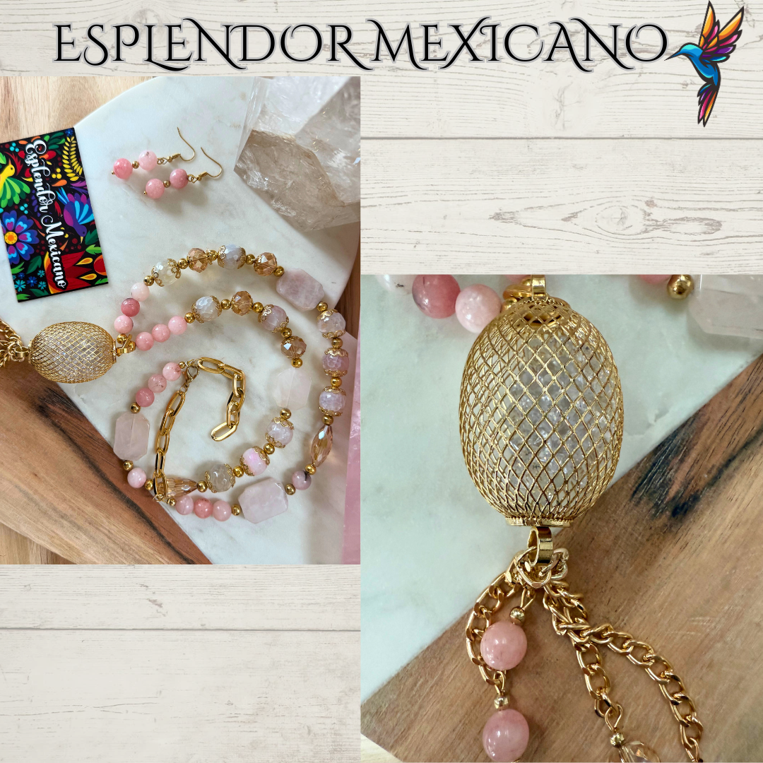 Mexican handmade Rose Pink Quartz Necklace Set/Natural Stone Healing Crystal Spiritual Protection Gift/Glass Charm Pendant/ Stone Necklace