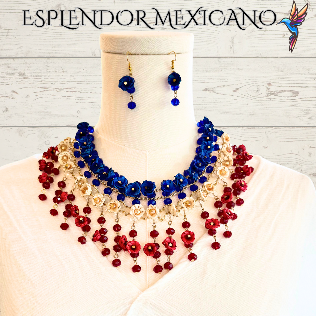❤️🤍💙 Natural Palm Statement Necklace Set – Handmade with Glass Beads