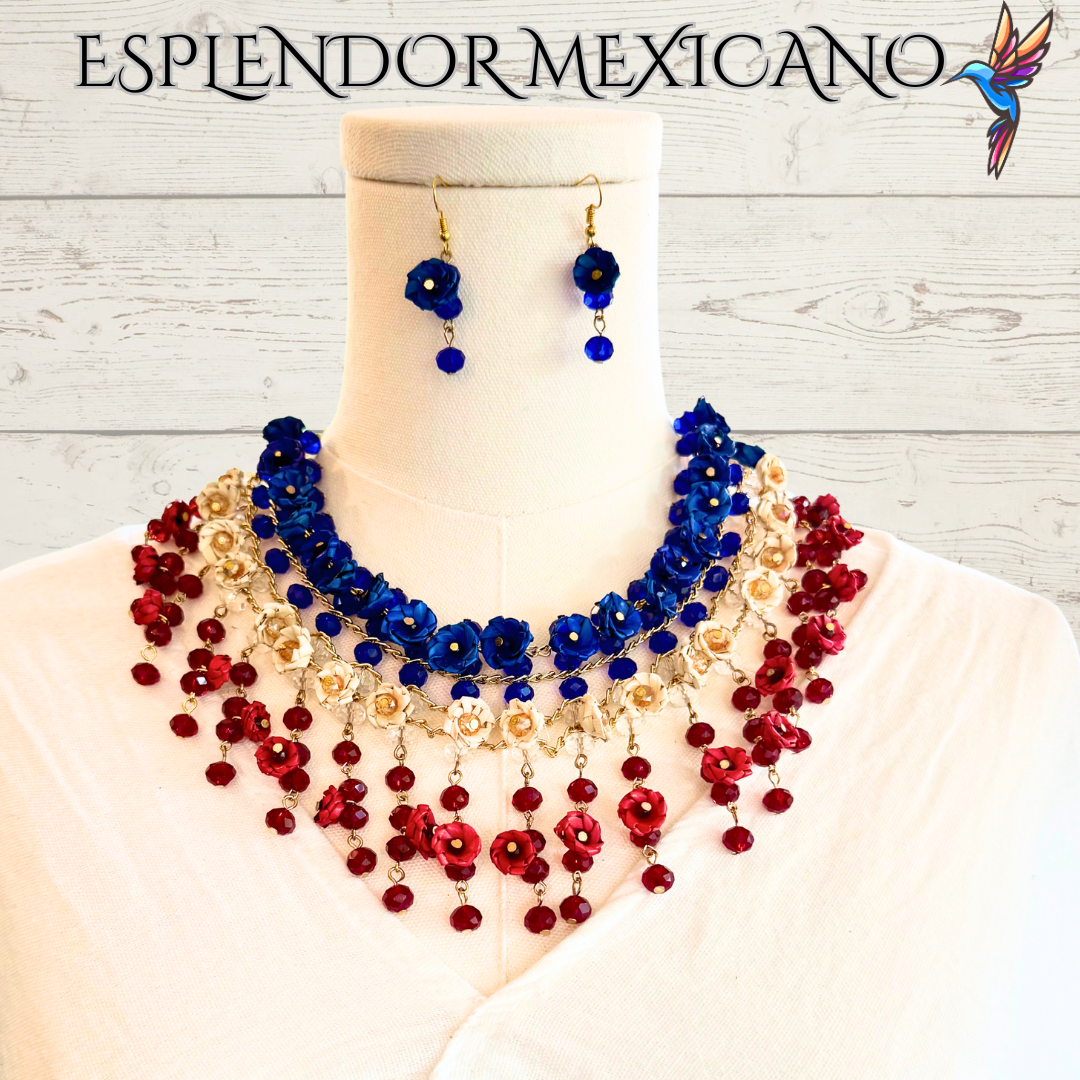 ❤️🤍💙 Natural Palm Statement Necklace Set – Handmade with Glass Beads
