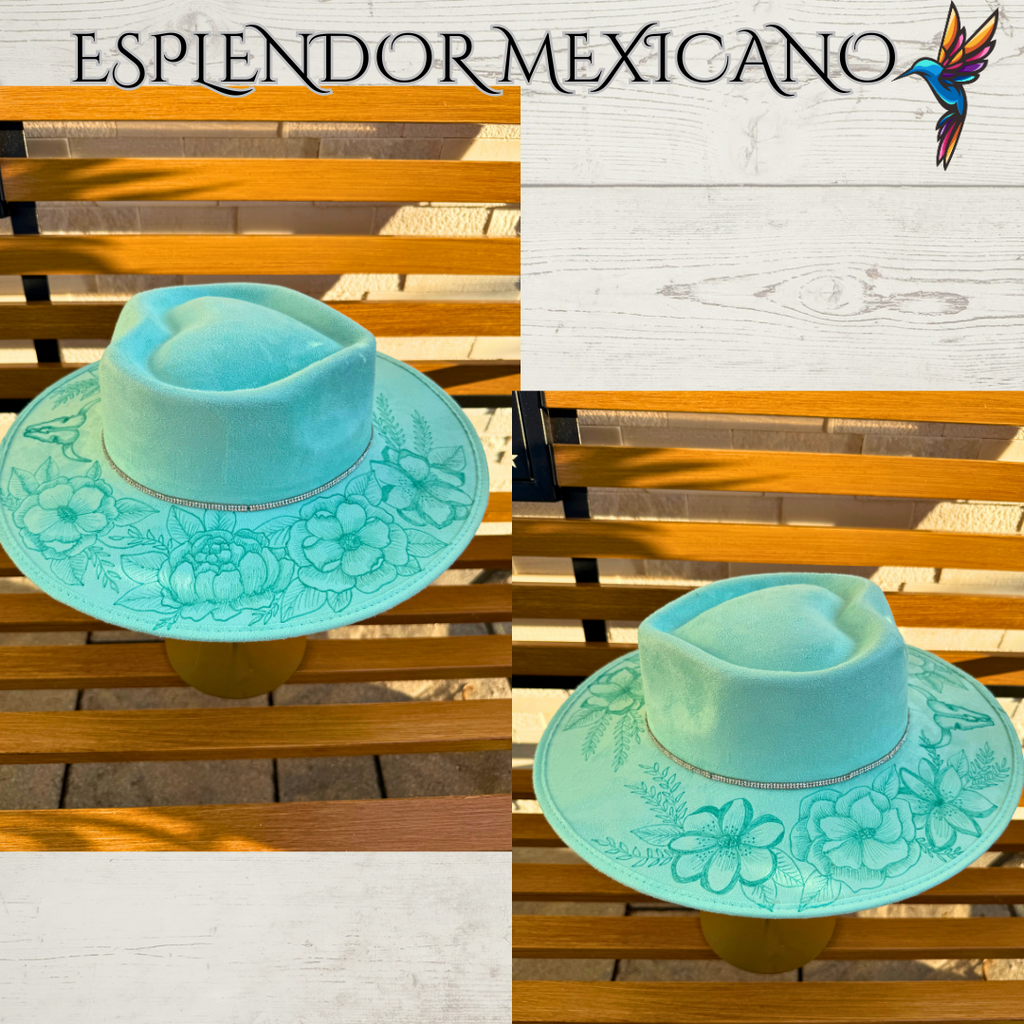 🩵 Handcrafted Suede Cowgirl Hat – Skull & Flower Design Heart-Shaped Crown
