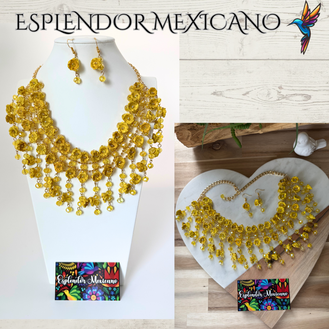 Mexican Artisanal Palm Flower Necklace Jewelry Set with Glass Beads