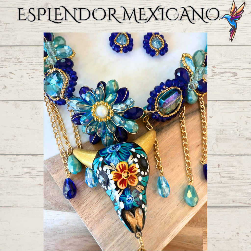💙🩵💚 Teal & Blue Skull Necklace Set – Handmade in Mexico