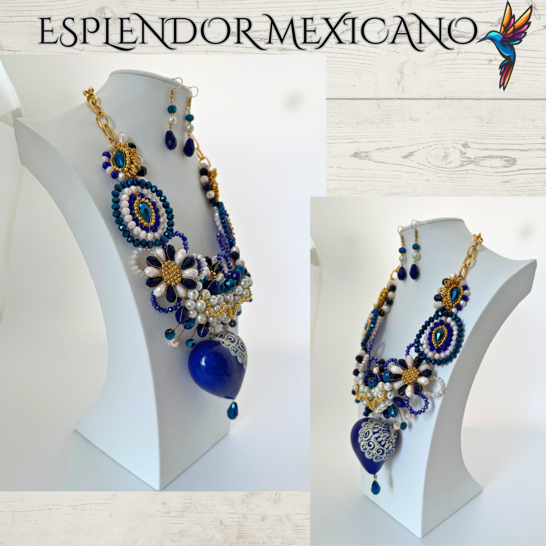 Mexican handmade Beaded Necklace Set with Hand Painted Ceramic Heart