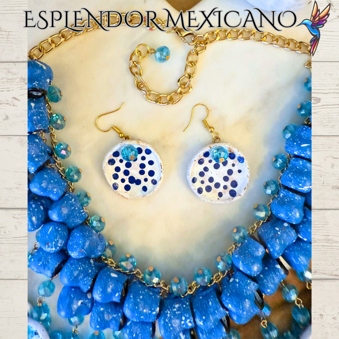 💙🩵 Fiesta Dreams Statement Necklace Set – Talavera Clay Jarritos, Platitos & Glass Beads