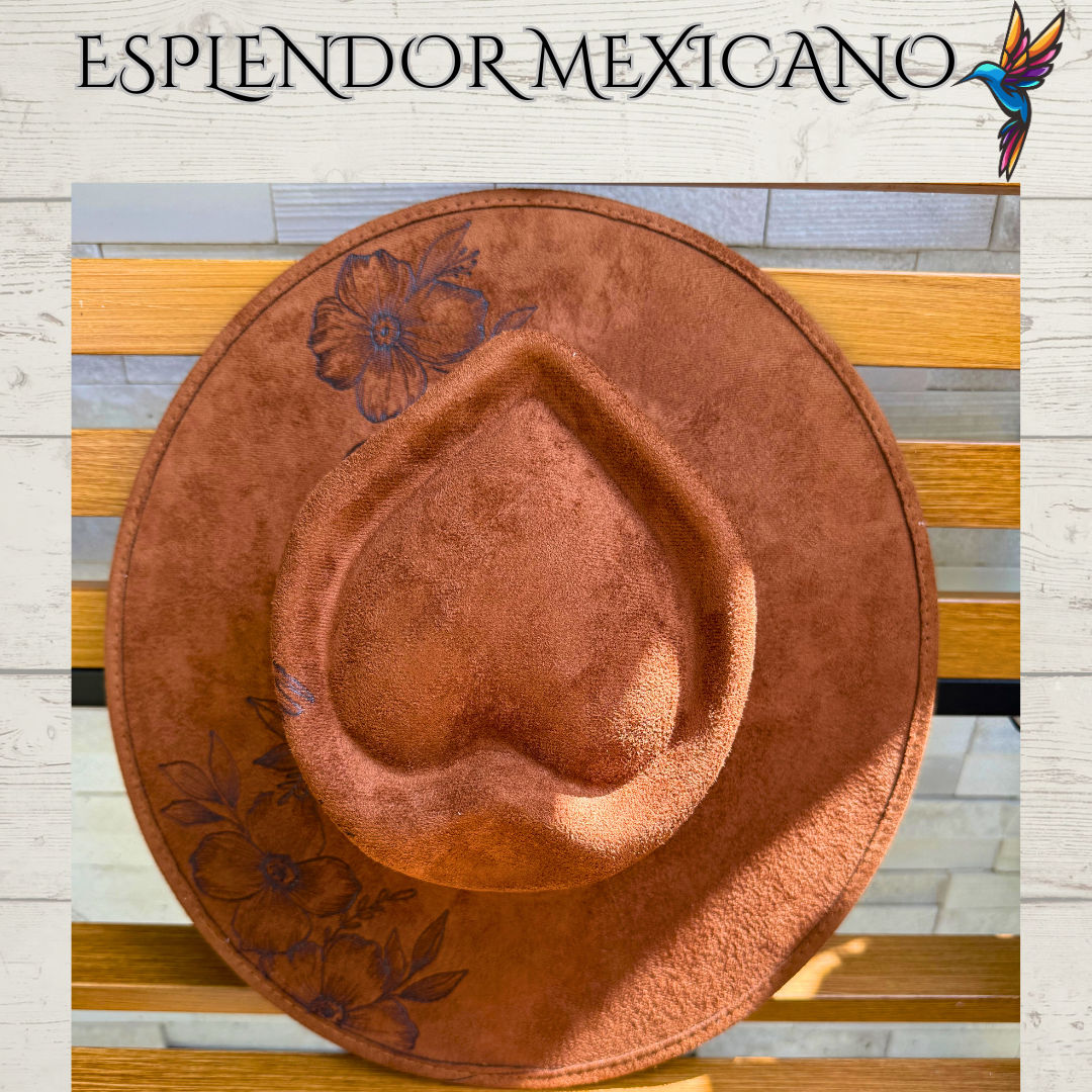 🤎 Hand-Burned Suede Cowgirl Hat – Hummingbird & Floral Design